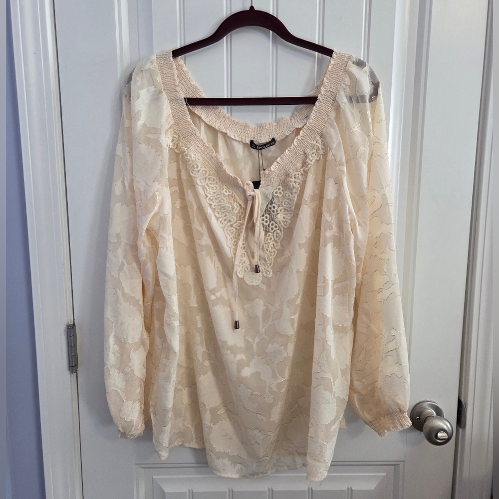 NWT Sheilay Womens 3XL Ivory Gold Leaf Sheer Top Off Shoulder Crochet
